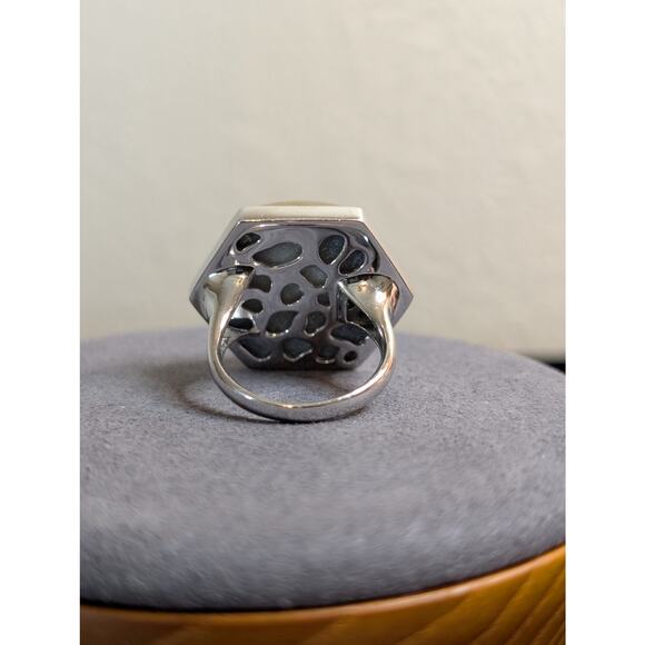 Chunky Hexagon Gold Druzy Quartz Two Tone Sterling Silver Ring Size 8 - Picture 7 of 14